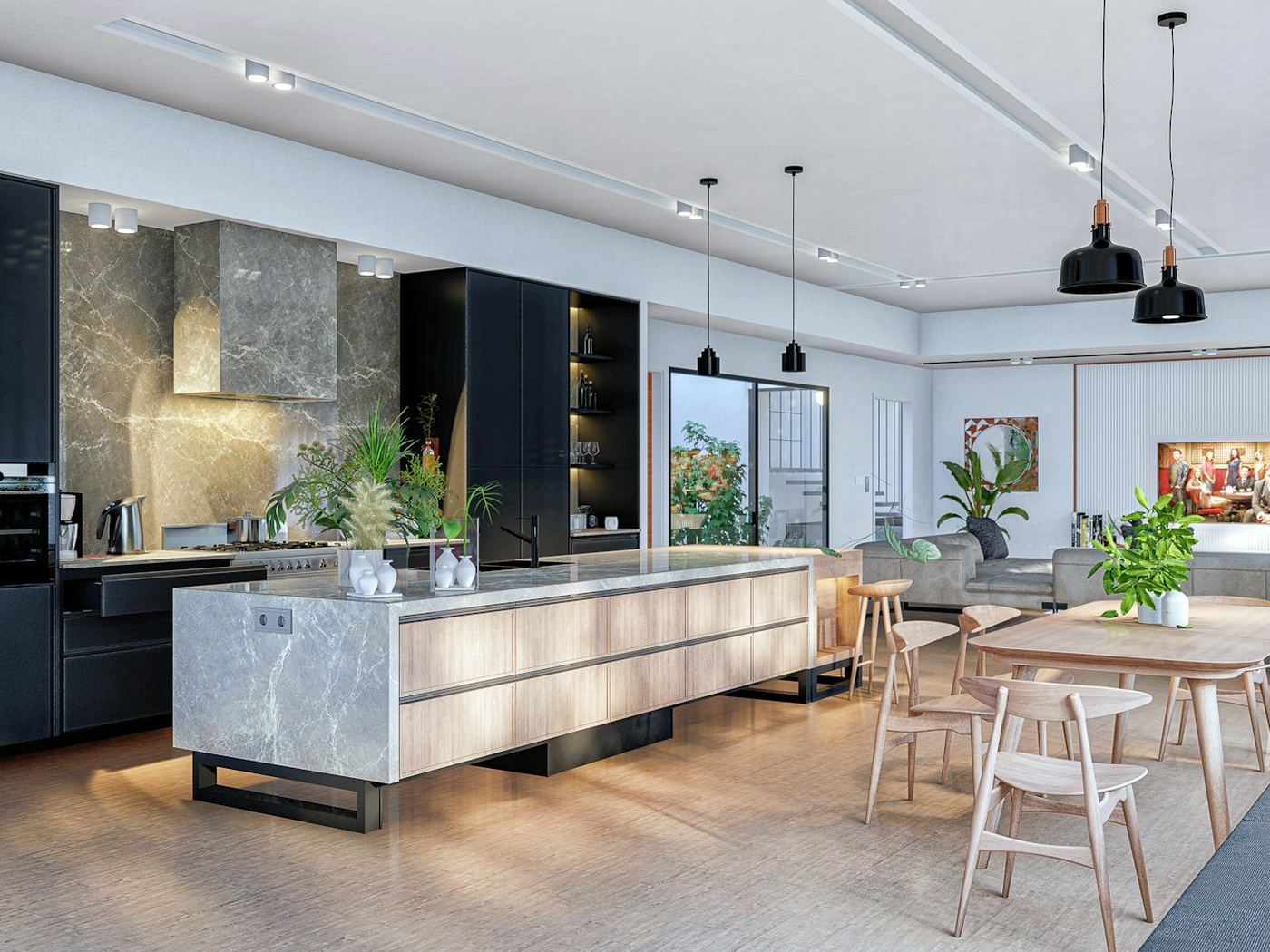 An open plan kitchen with dark charcoal cabinetry and a stone island.